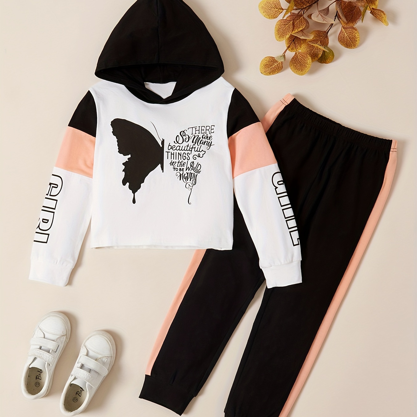 

Patpat 2-piece Kid Girl Butterfly Print Letter Hooded Sweatshirt And Pants Set