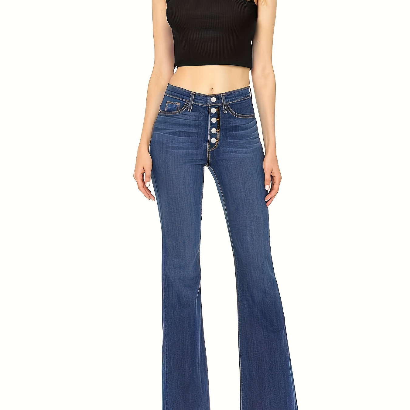 

Blue Frayed Hem Flare Jeans, Mid-stretch Single Breasted Button Whiskered Bell Bottom Jeans, Women's Denim Jeans & Clothing