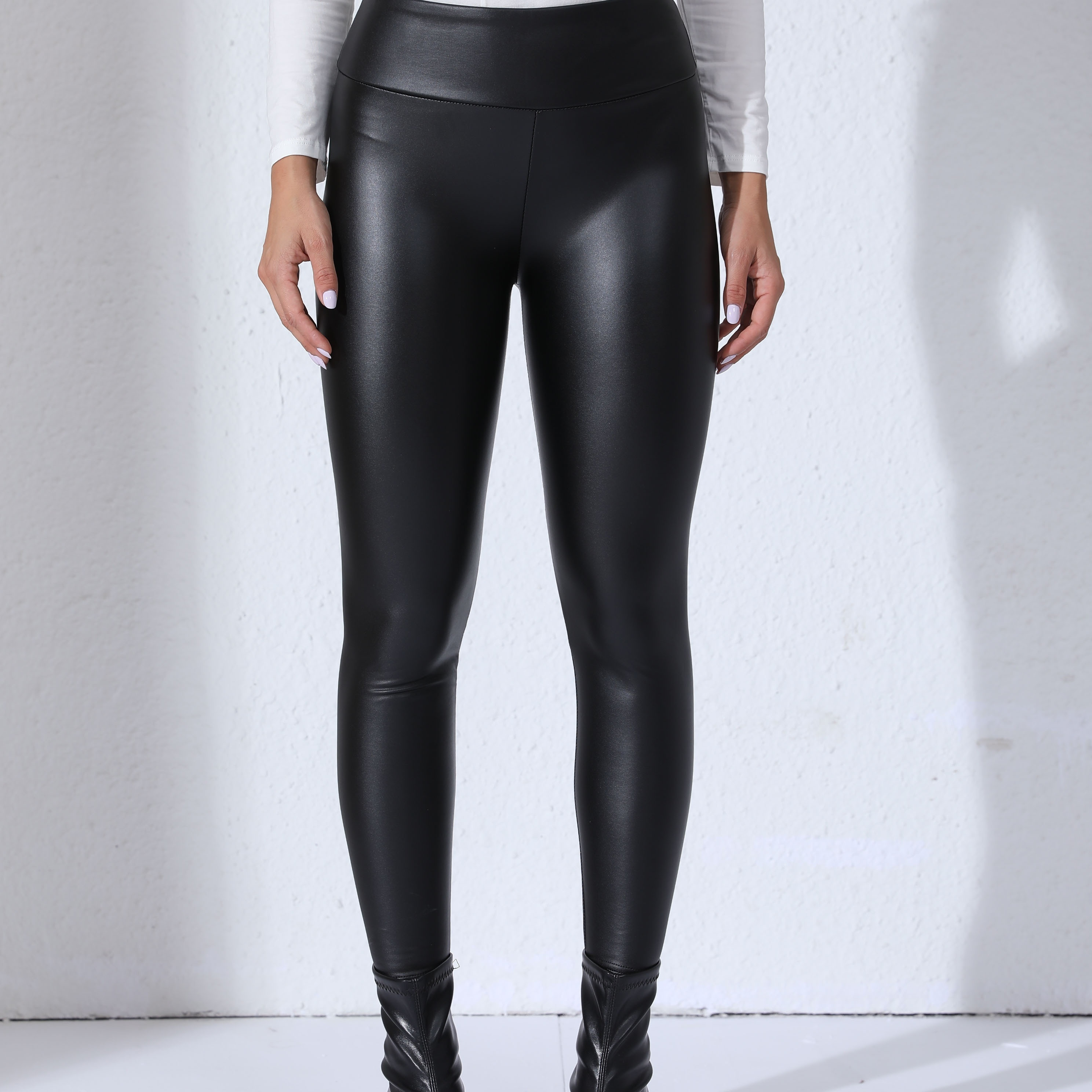 

Solid Color Leather Pants, Pu Leather Outdoor Sports Leggings, Tummy Control Butt Lifting Cropped Skinny Leather Pants, Style