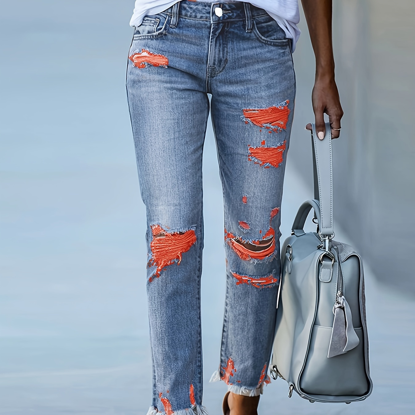 

Orange Dye Ripped Raw Hem Plain Washed Blue Versatile Cropped Jeans Denim Pants, Women's Denim Jeans & Clothing