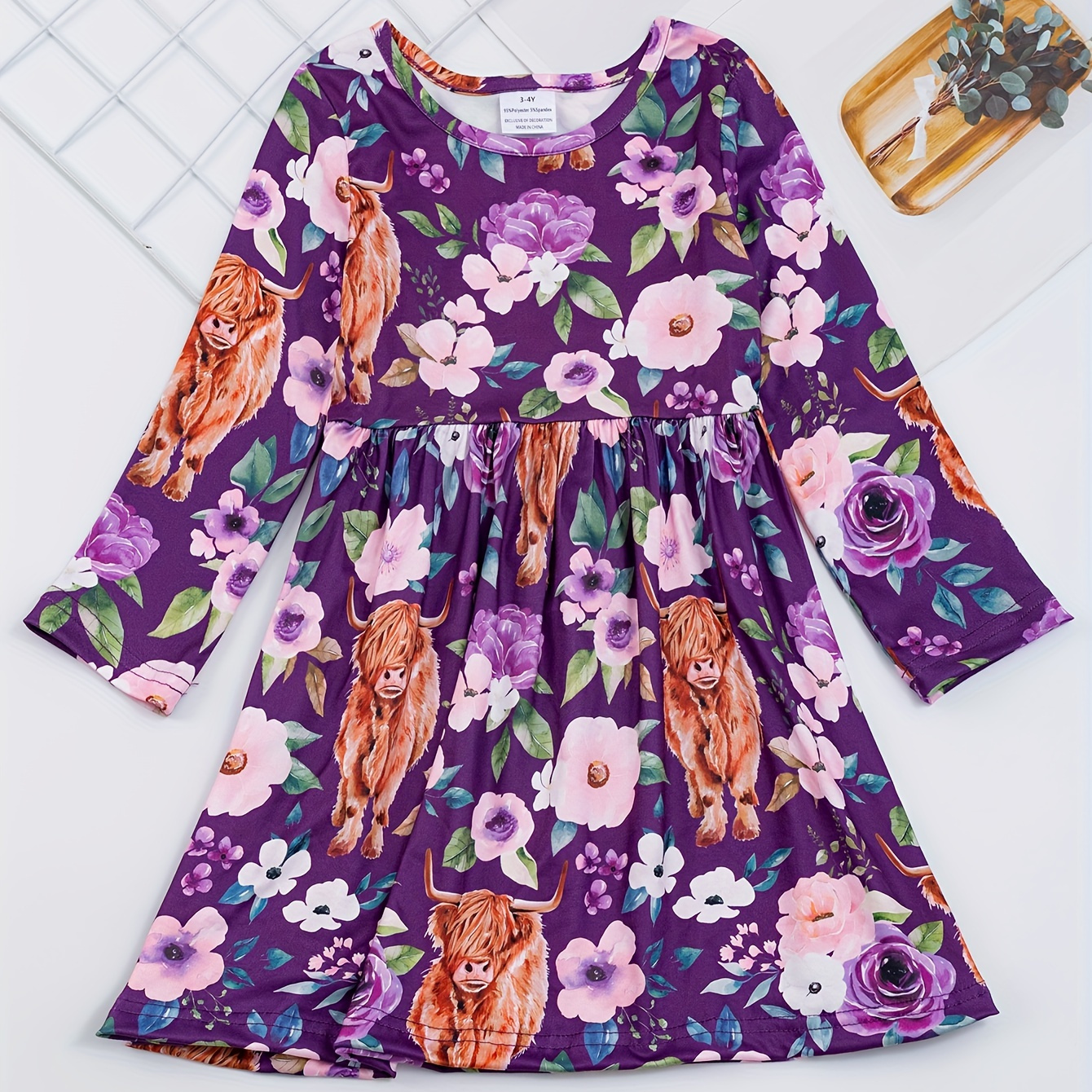 

Trendy Girls' Flora Dress Flower & Yak Print Crew Neck Dress For Spring/ Autumn, Party, Gift