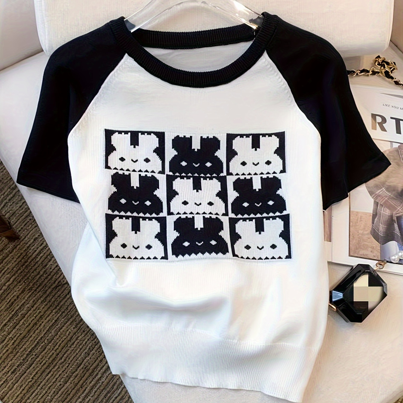 

Rabbit Pattern Crew Neck Knitted Top, Cute Short Sleeve Pullvoer Top For Spring & Summer, Women's Clothing