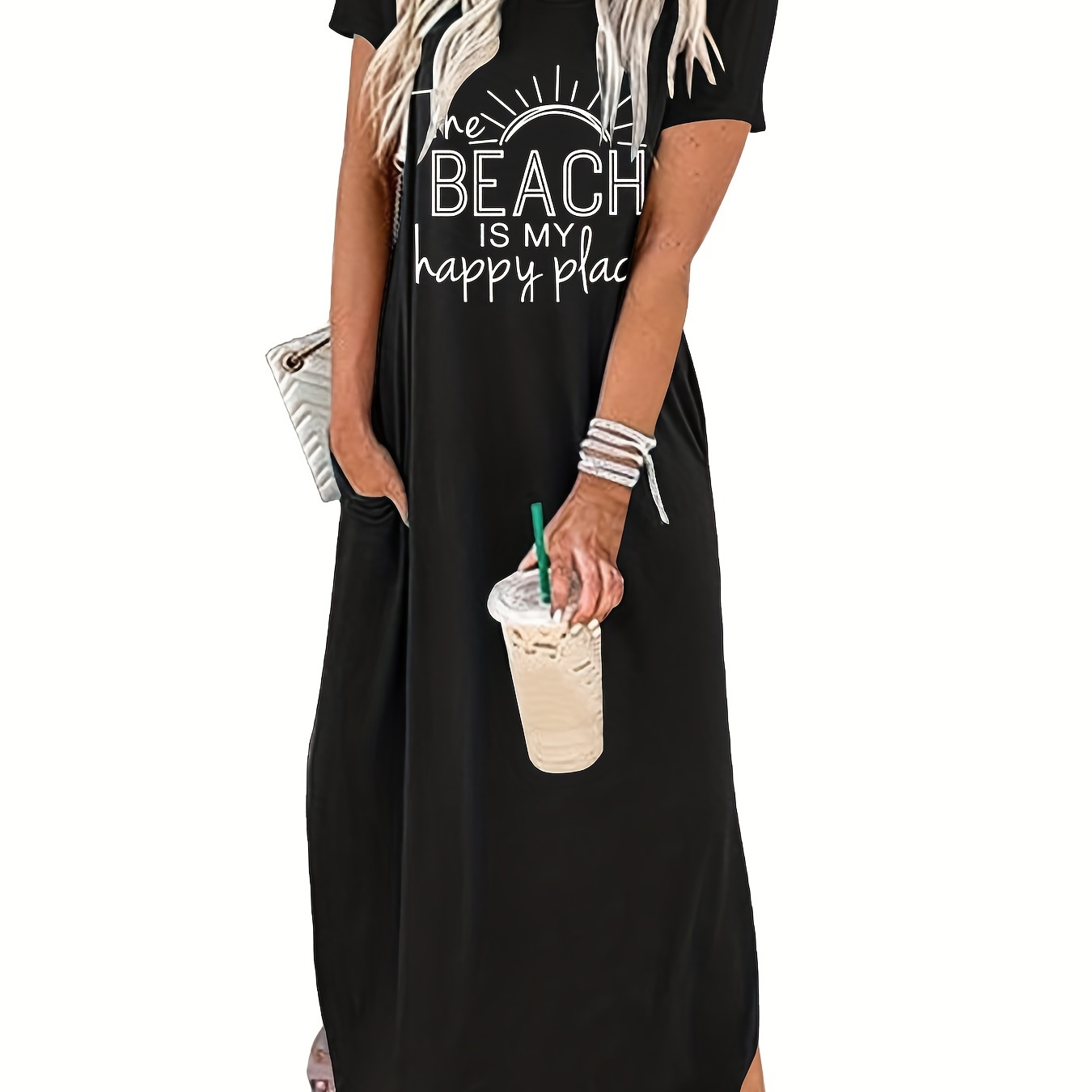

The Beach Is My Happy Place Print Dress, Casual Crew Neck Short Sleeve Maxi Dress, Women's Clothing