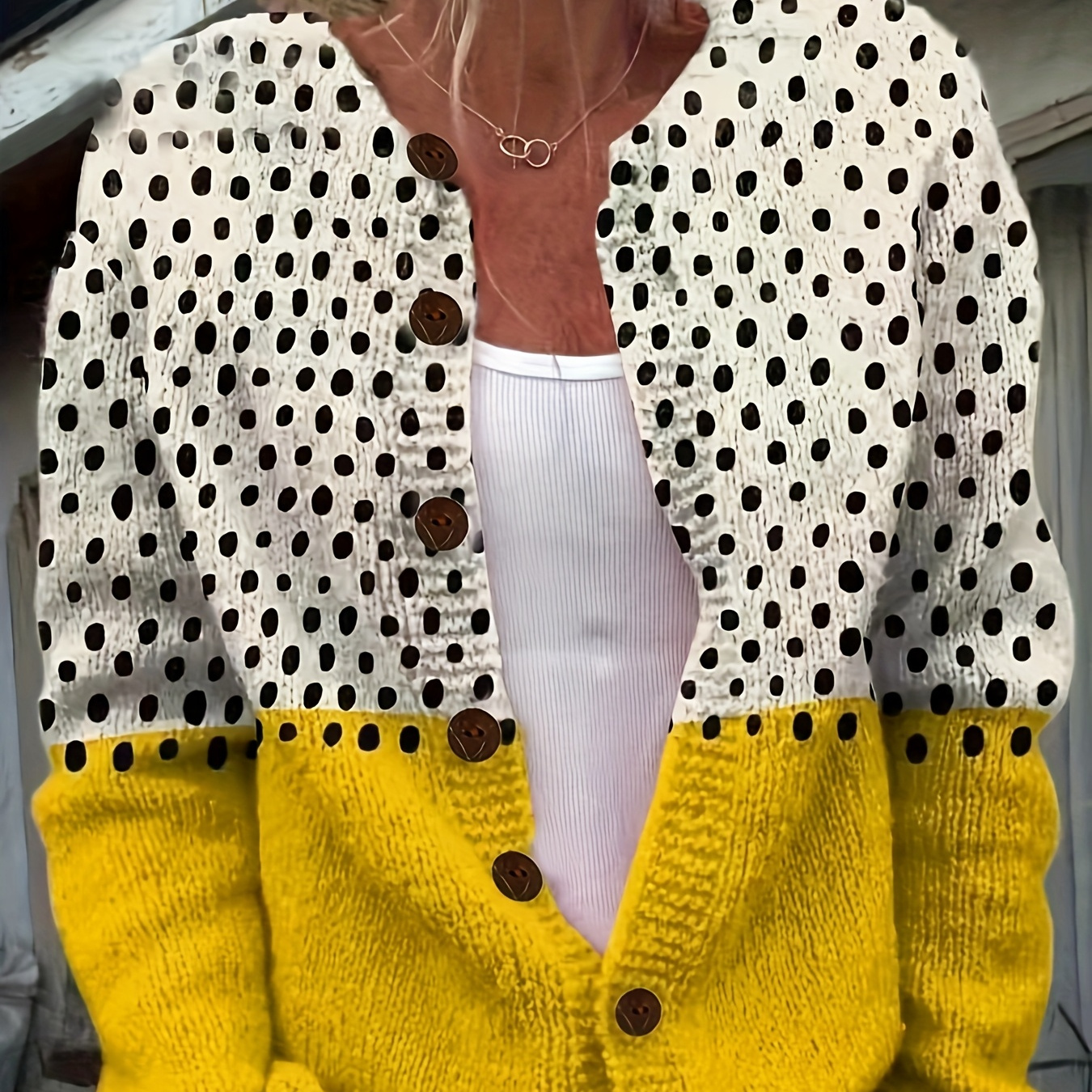 

Women' Yellow & White Polka Dot Cardigan - Round Neck, Button-up Knit Sweater With Gradient Design, Long Sleeves, And - Casual Or Outfits