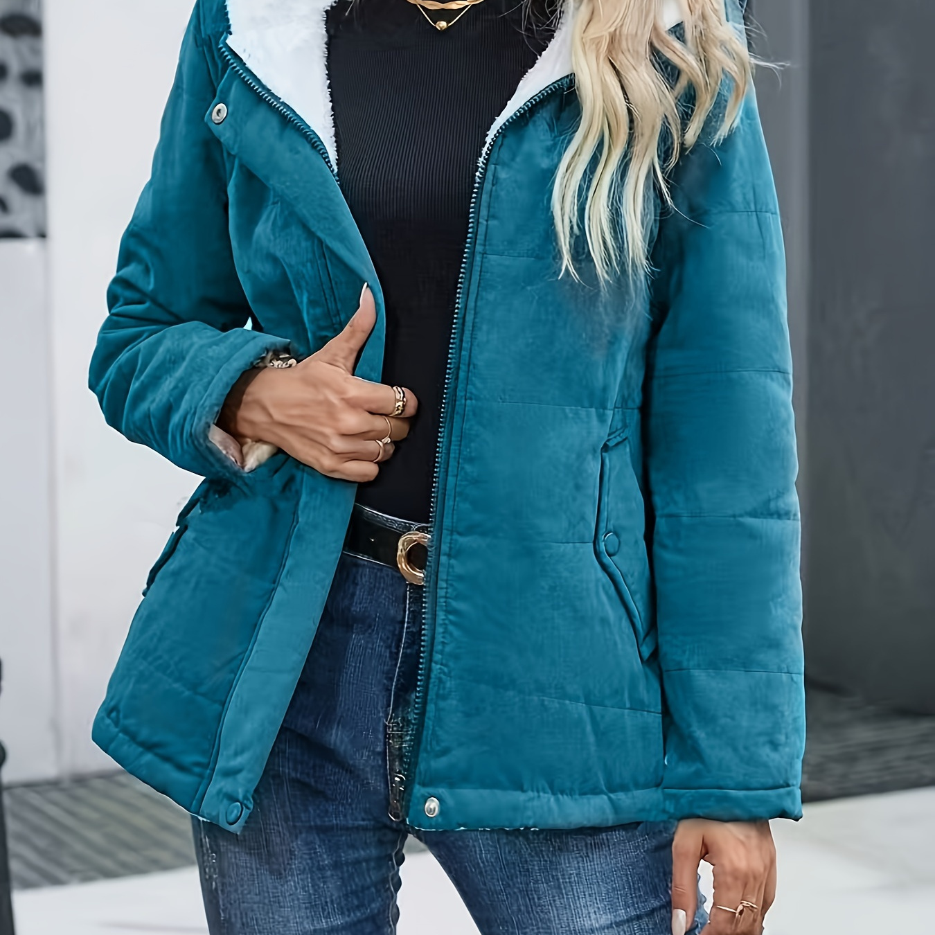 

Zip Front Long Sleeve Jacket, Casual Solid Color Dual Pockets Hooded Quilted, Women's Clothing