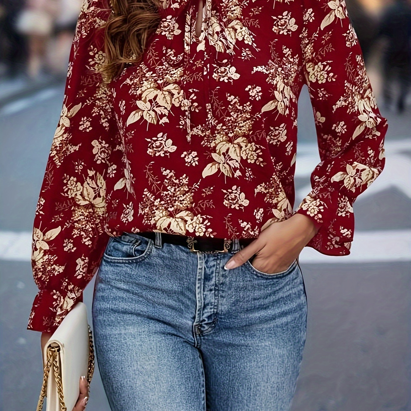 

Floral Print Tie Neck Blouse, Vintage Long Sleeve Blouse For Spring & Fall, Women's Clothing