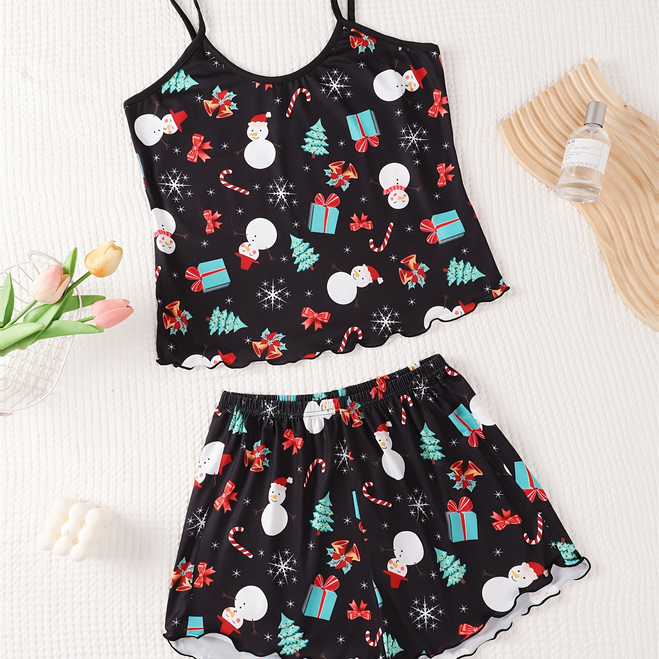 

Women's Christmas Snowman Print Pajama Set - Sexy Lettuce Trim Cami Top & Shorts, Soft Polyester , Machine Washable