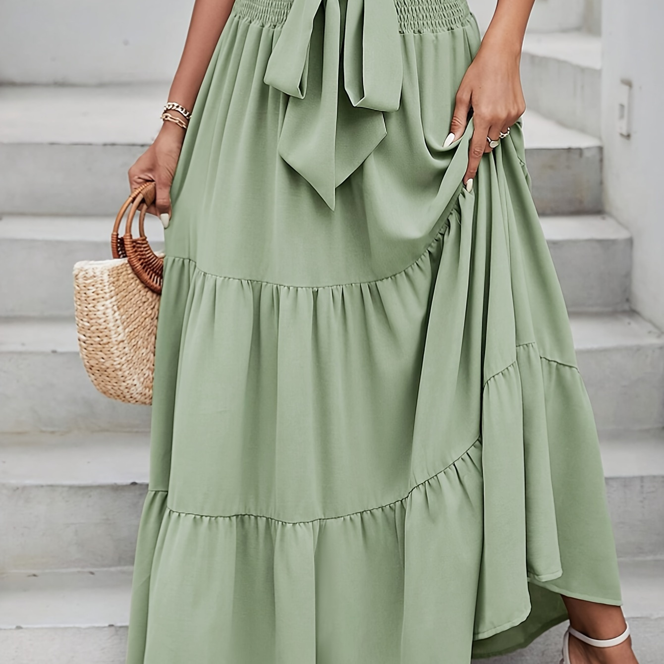 

Solid High Waist Skirt, Casual Belted Ruffle Hem Skirt For Spring & Summer, Women's Clothing