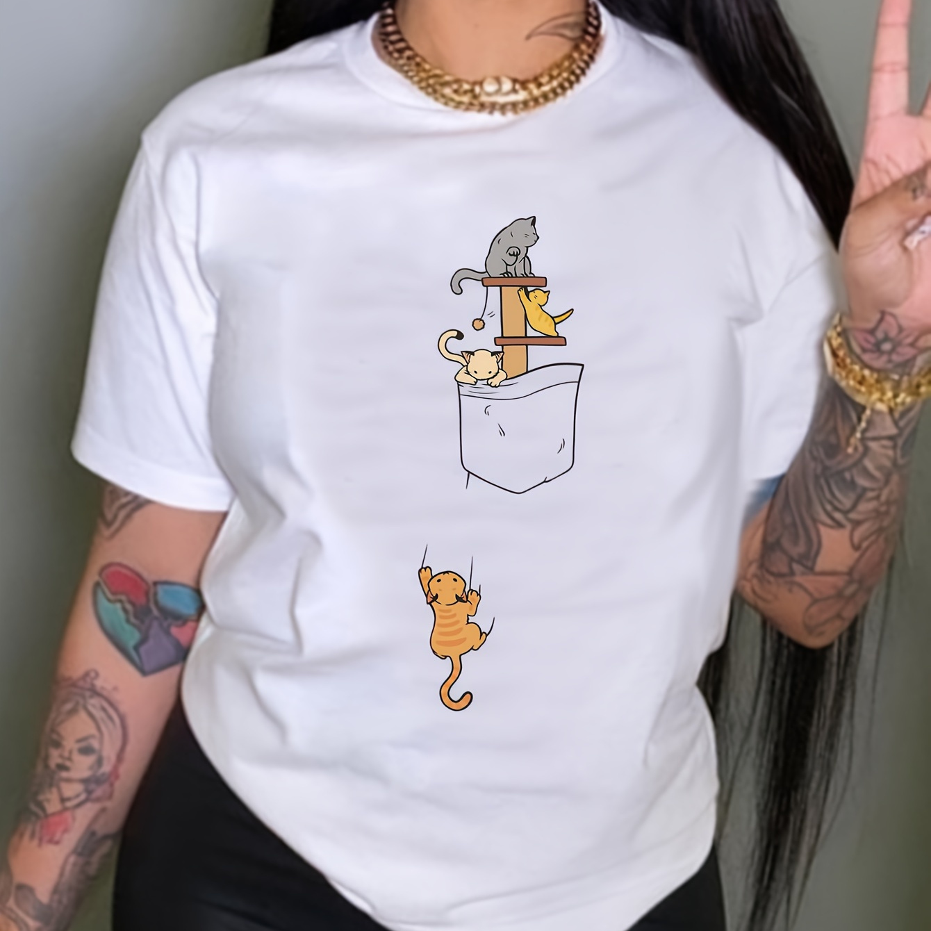 

Women's Casual T-shirt, Plus Size Cat Print Short Sleeve Round Neck Slight Stretch T-shirt