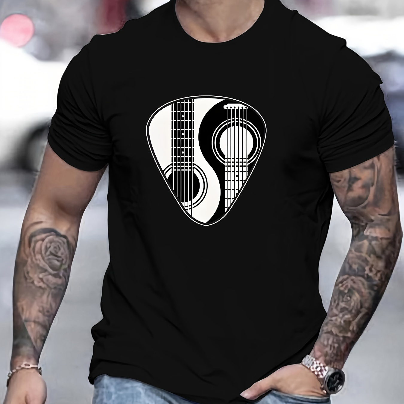 

Stylish Guitar Graphic Print Men's Creative Top, Casual Short Sleeve Crew Neck T-shirt, Men's Clothing For Summer Outdoor