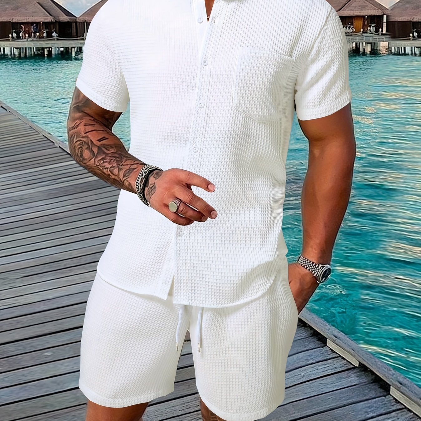 

2-piece Men's Solid Color Summer Outfit Set, Stand Collar Short Sleeve Button Up Shirt & Solid Drawstring Shorts With Pockets For Casual Daily Wear And Holiday Resorts
