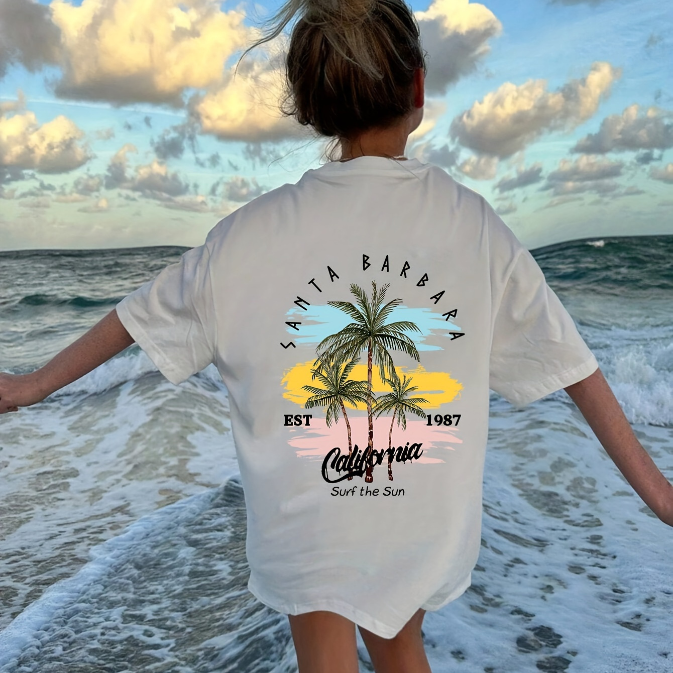 

Girls Summer Casual Fashion Palm Tree & California Surf The Sun Printed T-shirt Top, Short Sleeves, Round Neck, Comfort Fit - Youthful Style