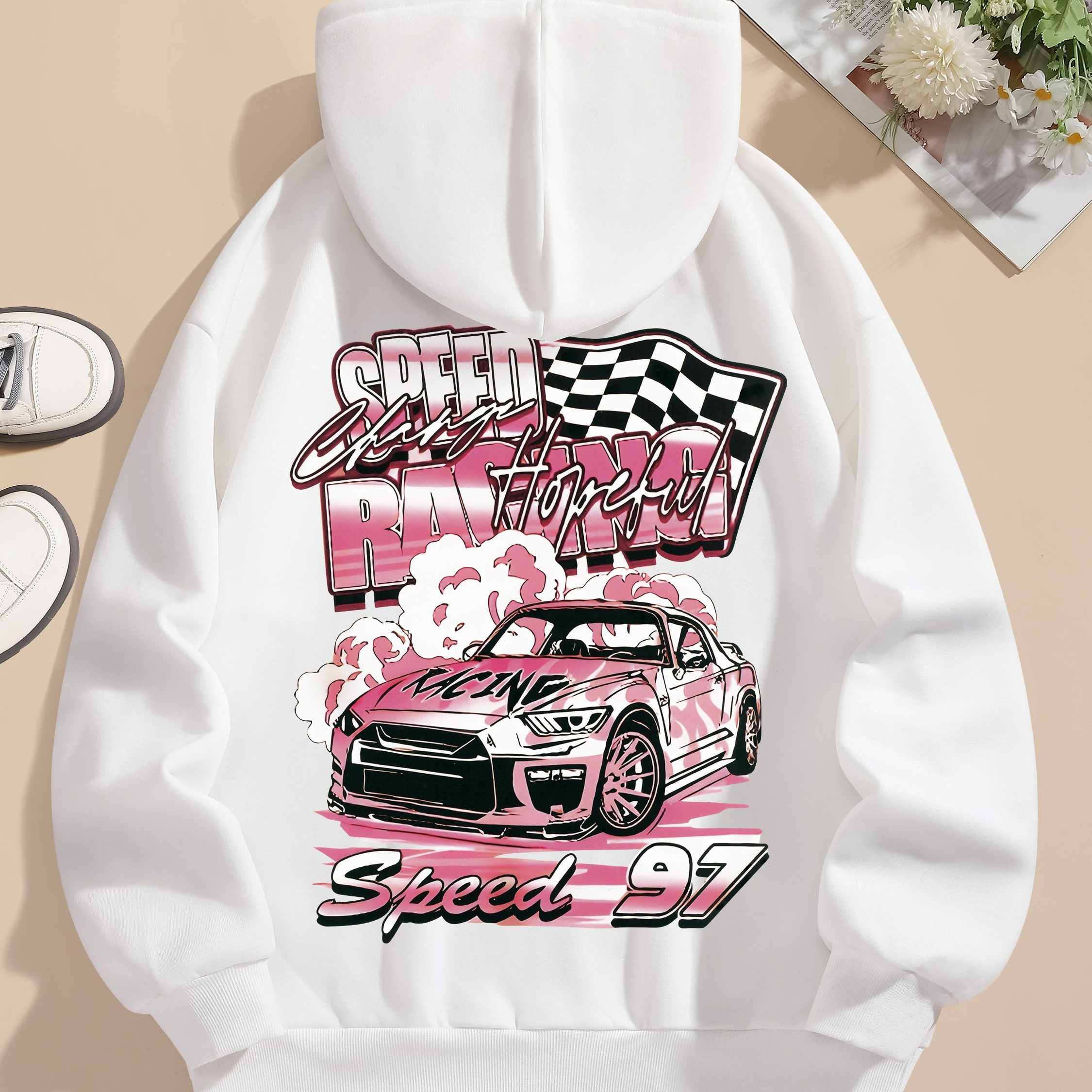 

Racer Hoodie - 100% Polyester Casual Hooded Sweatshirt With Drawstring, Knit Fabric Season Wear