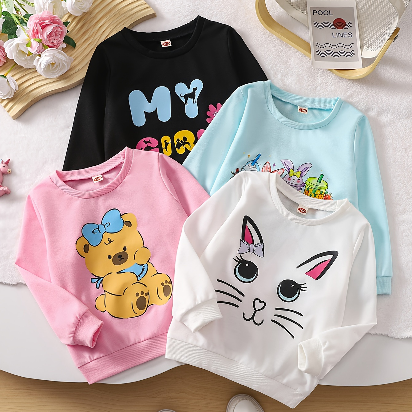 

4pcs Girl's Cartoon Bear/ Cat Face/ Drinks/ Letter Pattern Sweatshirt, Round Neck Comfortable Casual Top