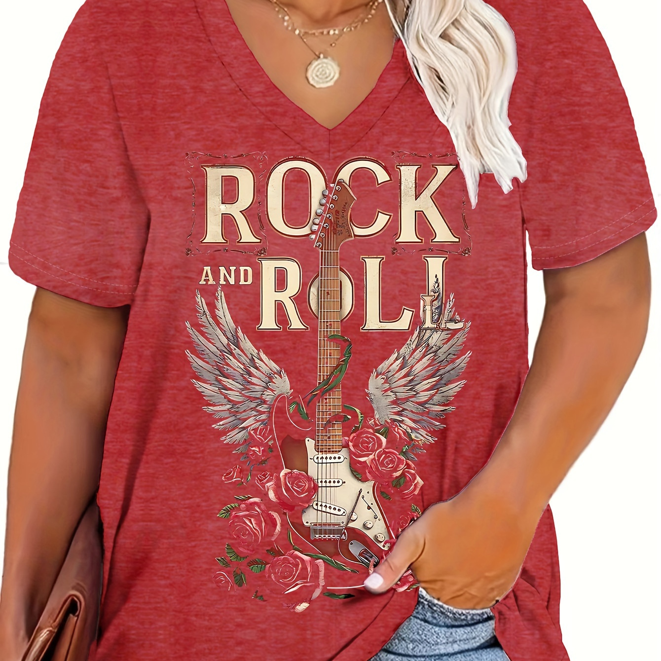 

1pc Plus Size Women's V-neck Casual Tee, Rock And Roll Guitar Print, Polyester Knit Fabric With Slight Stretch, Loose Fit Top