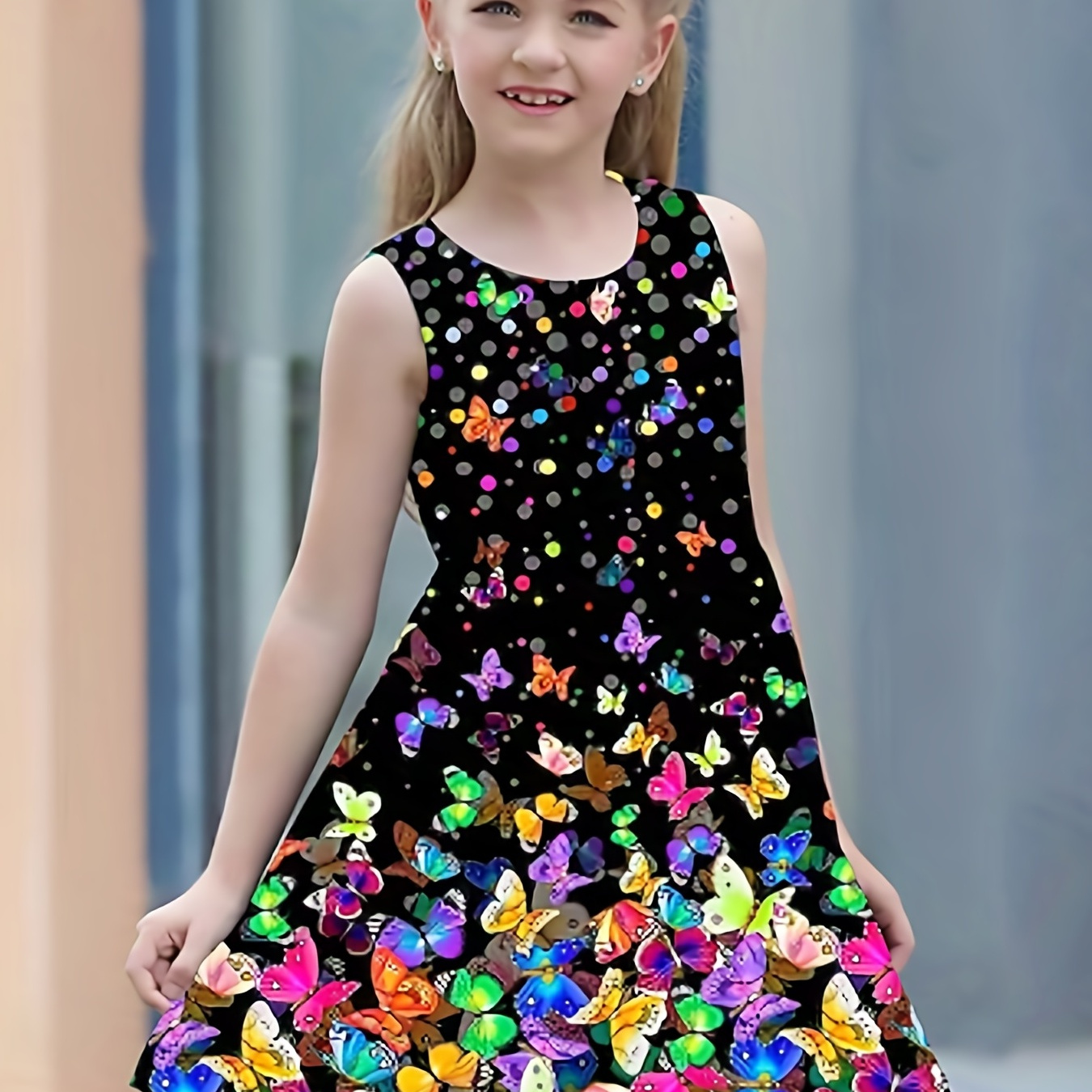 

Girls Colorful Butterfly Print Princess Dress - Sleeveless Summer Clothing For Casual And Formal Occasions