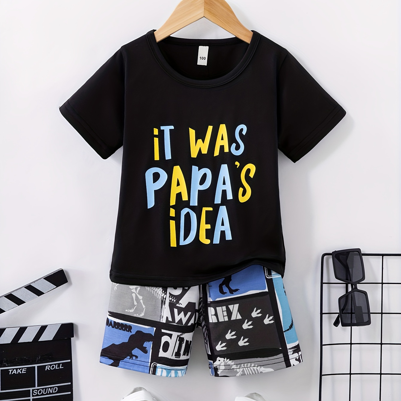 

2pcs Boys Casual It Was Papa's Idea Letter Graphic Print Short Sleeve T-shirt & Dinosaur Full Print Shorts Set, Comfy Summer Kids Clothes