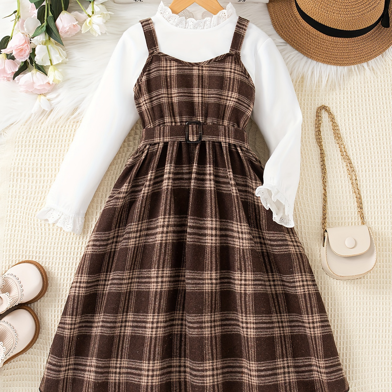 

Retro Plaid Suspender Dress For Girls, A-line & Belt Design Everyday Casual Dresses, Gift