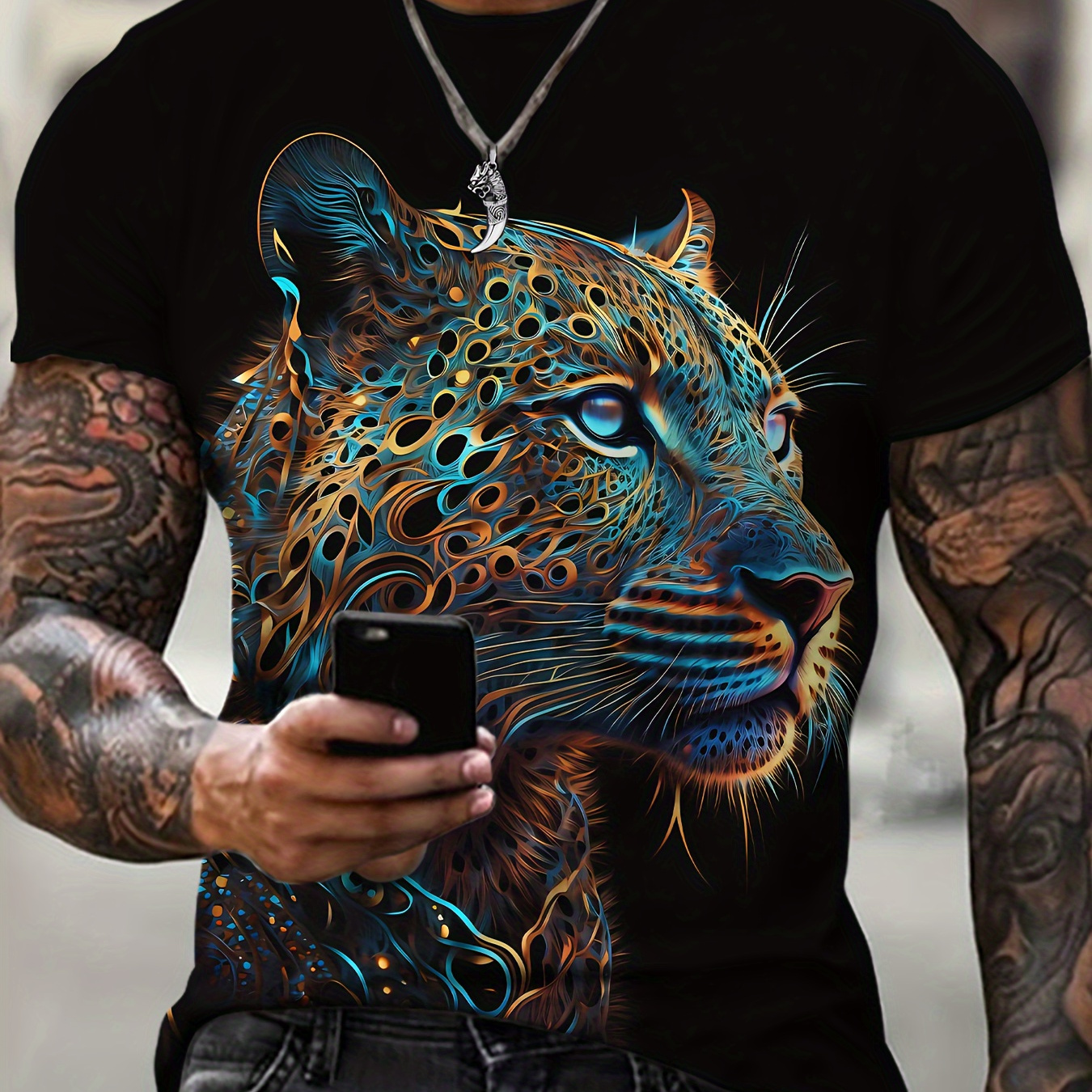 

Men's Leopard Graphic Print T-shirt, Active Short Sleeve Crew Neck Tee, Men's Clothing For Summer Outdoor Fitness Workout