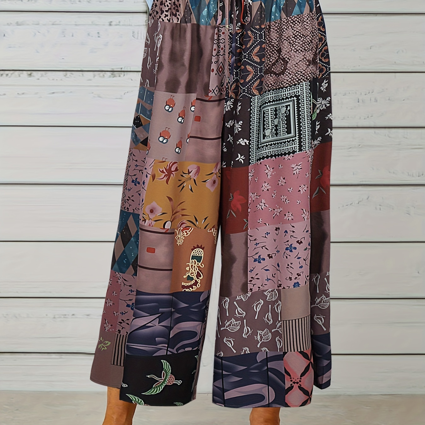 

Plus Size Boho Pants, Women's Plus Colorblock Floral Print Elastic Drawstring Wide Leg Pants