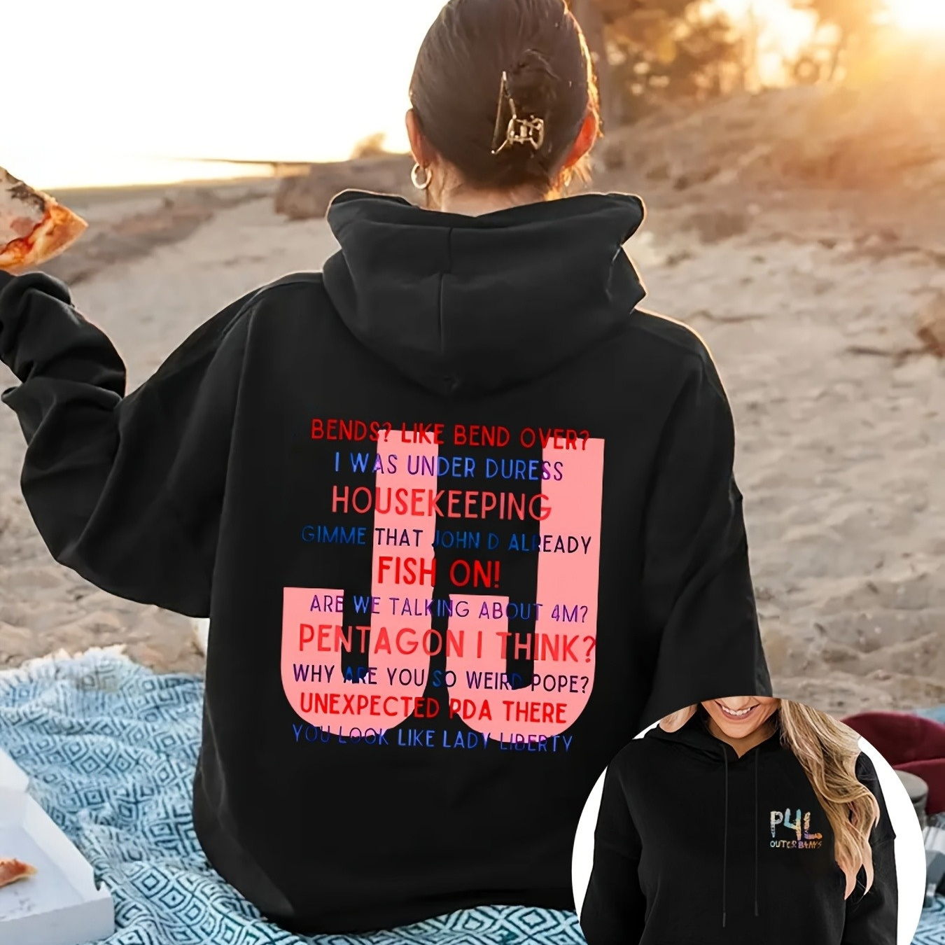 Women's OUTER BANKS Graphic Hoodie with Slogan Print, Drawstring Hood & Front Pocket - Casual Pullover Sweatshirt, Machine Washable, All-Season Comfort