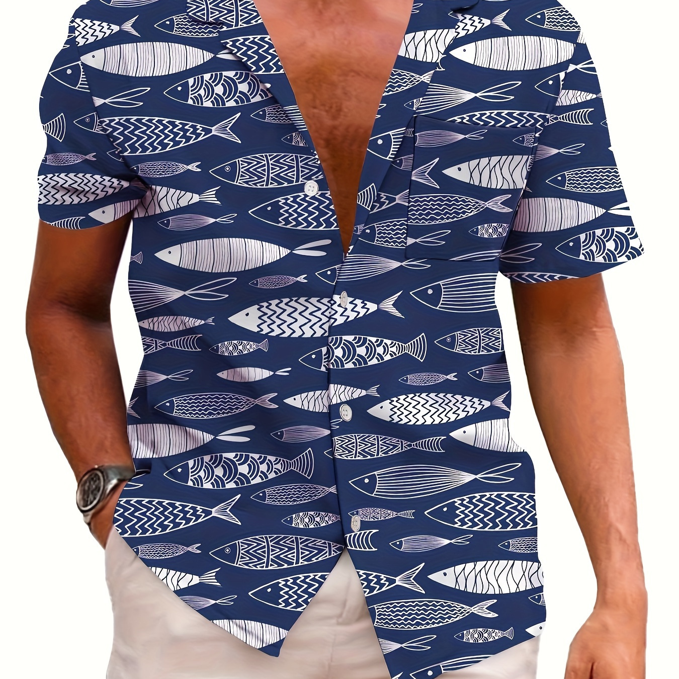 

Fish Print Men's Casual Shirt, Beach Travel Top, Fashionable Short Sleeve Summer Wear, For Beach Outdoor Holiday