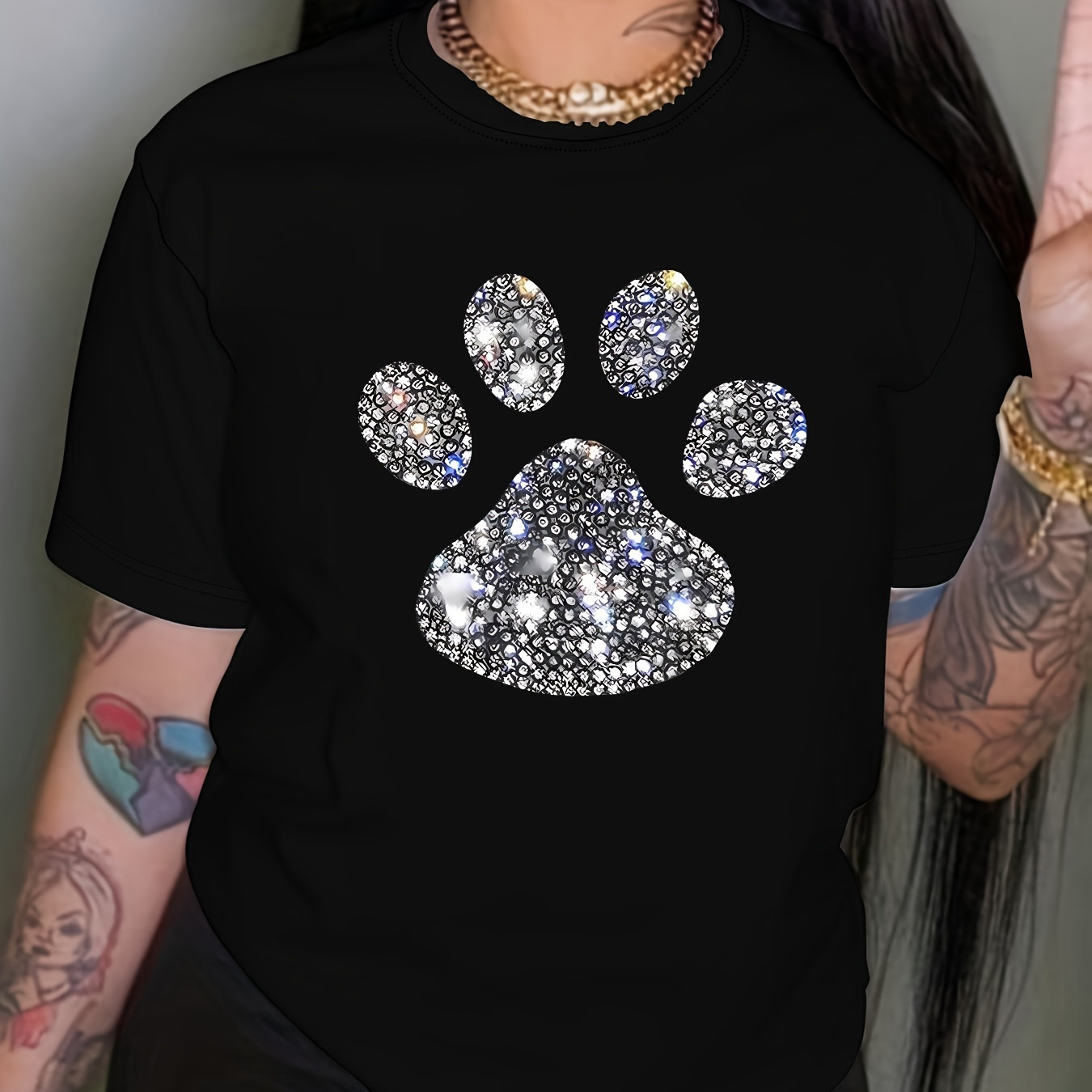 

Paw Pattern Crew Neck T-shirt, Casual Short Sleeve T-shirt For Spring & Summer, Women's Clothing
