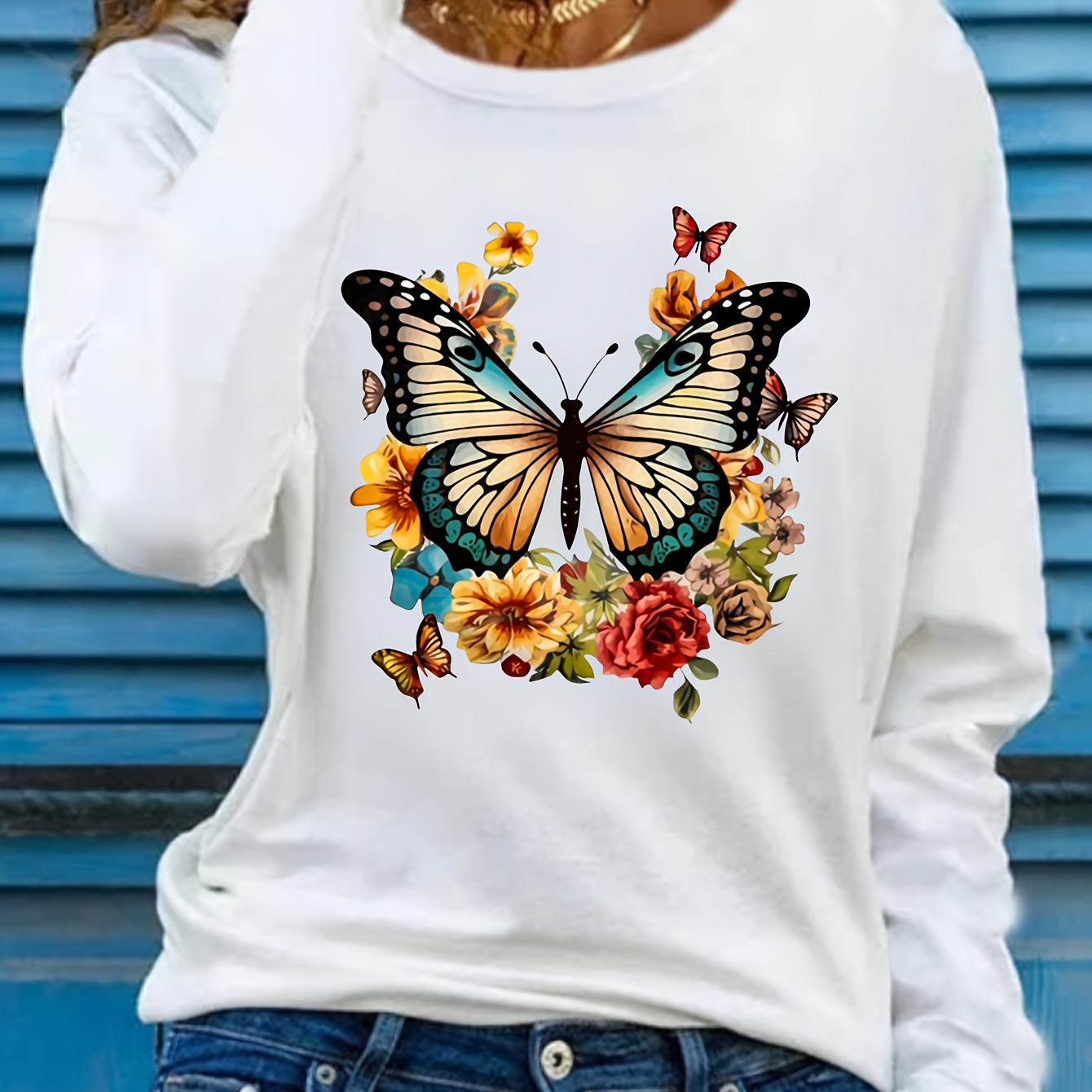 

Fall Butterfly Floral Print Long Sleeve T-shirt For Women - Casual Polyester Knit Fabric With Round Neckline And Embroidered Detail - Regular Fit