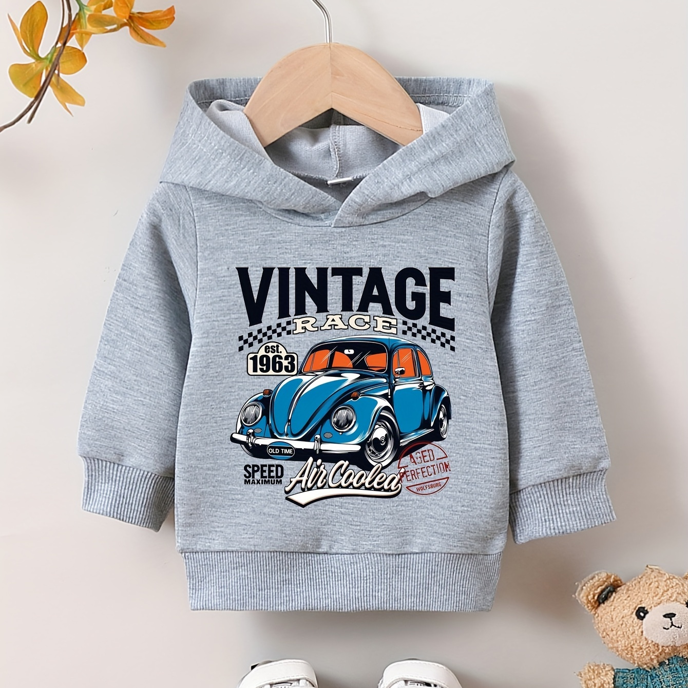 

vintage Race" Blue Car Print Hoodie For Baby, Casual Hooded Long Sleeve Top, Baby Boy's Clothing, As Gift