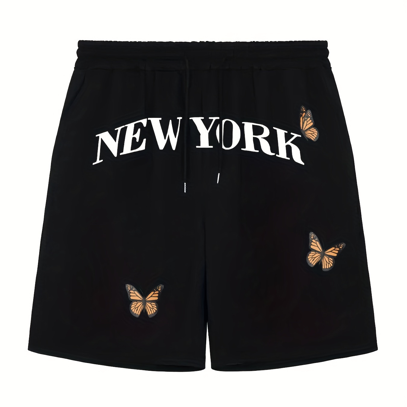 

new York" Butterfly Comfy Shorts, Men's Casual Solid Color Slightly Stretch Elastic Waist Drawstring Shorts For Summer