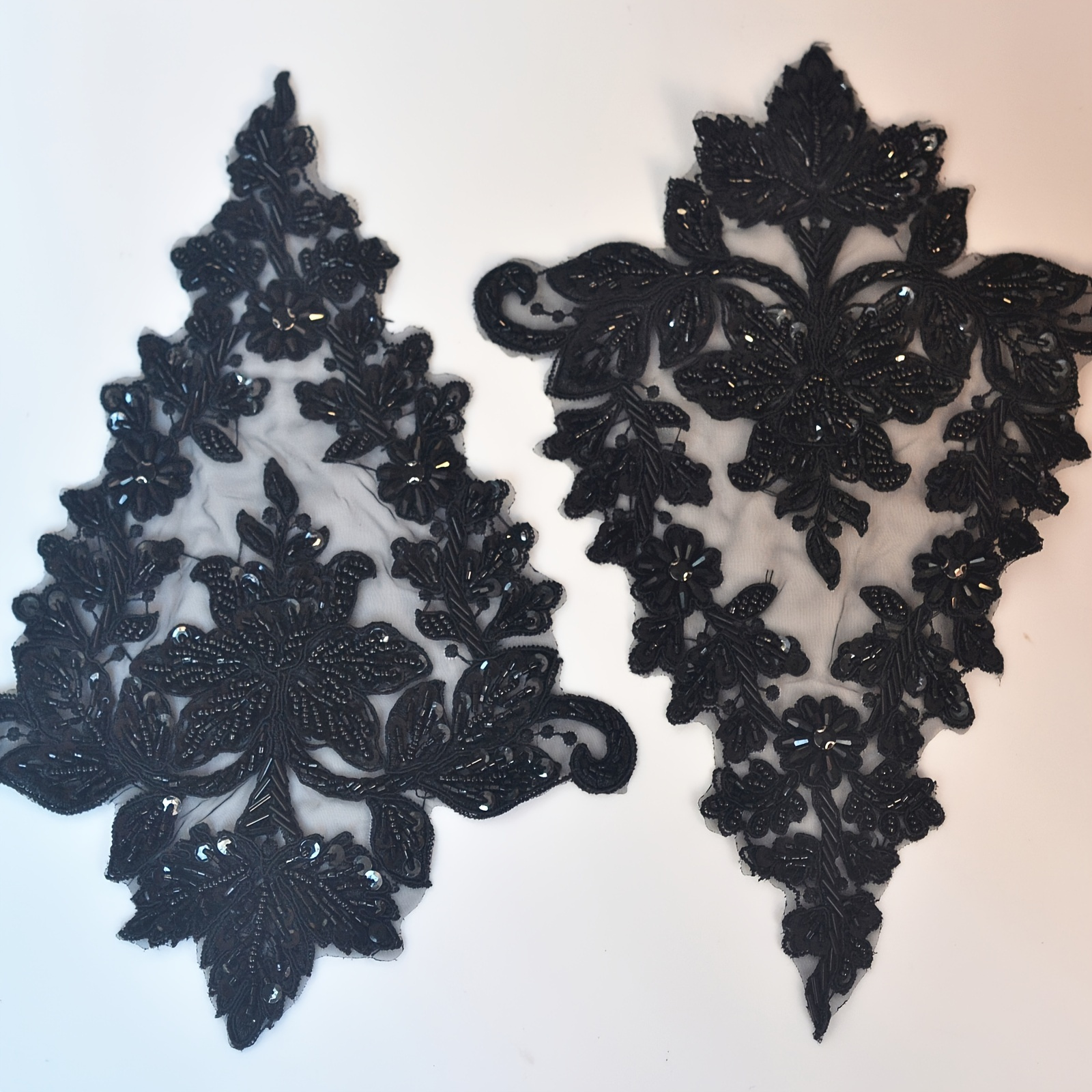 12 Colors Pair of Floral Venice Lace Applique Embroidered Bridal Guipure  Patch Motif (2 Pieces) (Black)