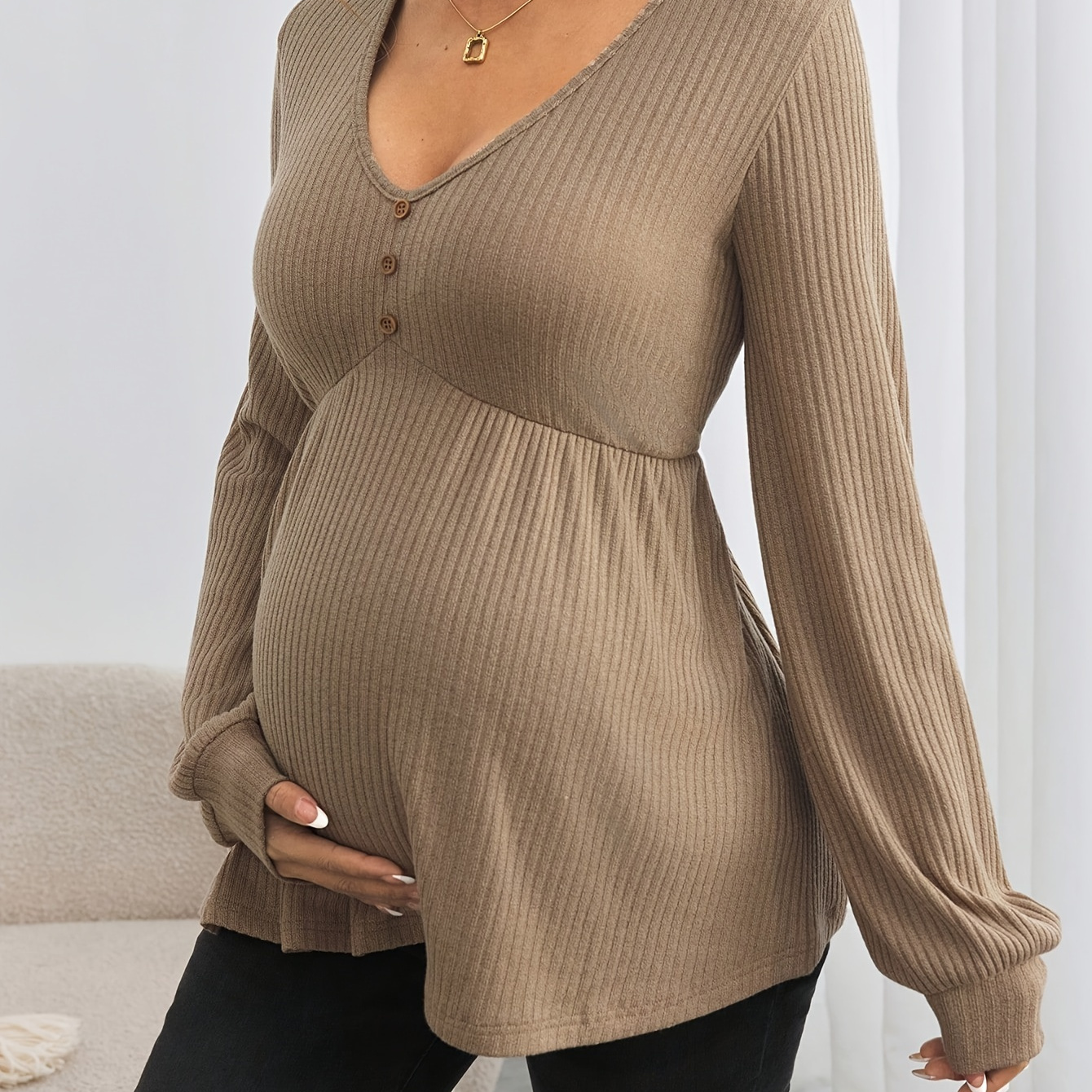 

Comfy Maternity V-neck Long Sleeve T-shirt In - Stretchy Polyester, Button Detail, Machine Washable - Ideal For Spring/fall, Loose Fit