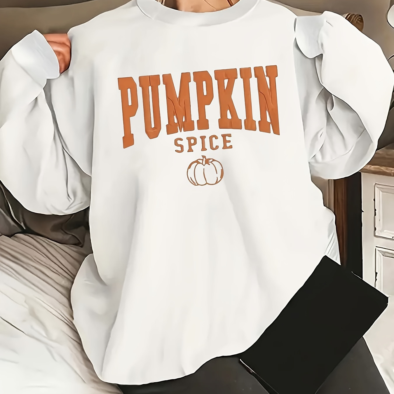 

Cozy Pumpkin Spice Crew Neck Sweatshirt - Soft Polyester, Casual Fit For Women, Fall & Winter