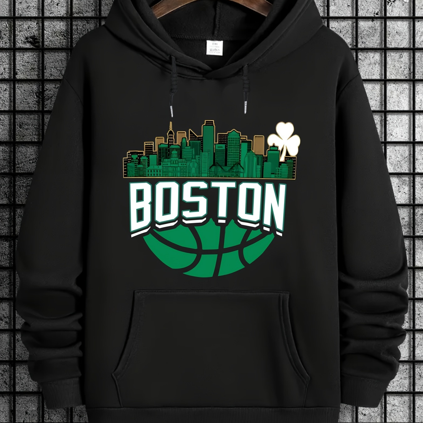 

Boston Basketball Pattern Print Men's Long Sleeve Hoodie, Drawstring Hooded Sweatshirt With Kangaroo Pocket, Casual Cozy Versatile Top For Autumn & Winter