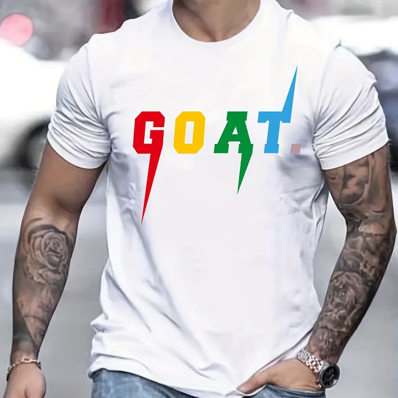 

goat" Pattern Print Men's Comfy Chic T-shirt, Graphic Tee Men's Summer Outdoor Clothes, Men's Clothing, Tops For Men, Gift For Men