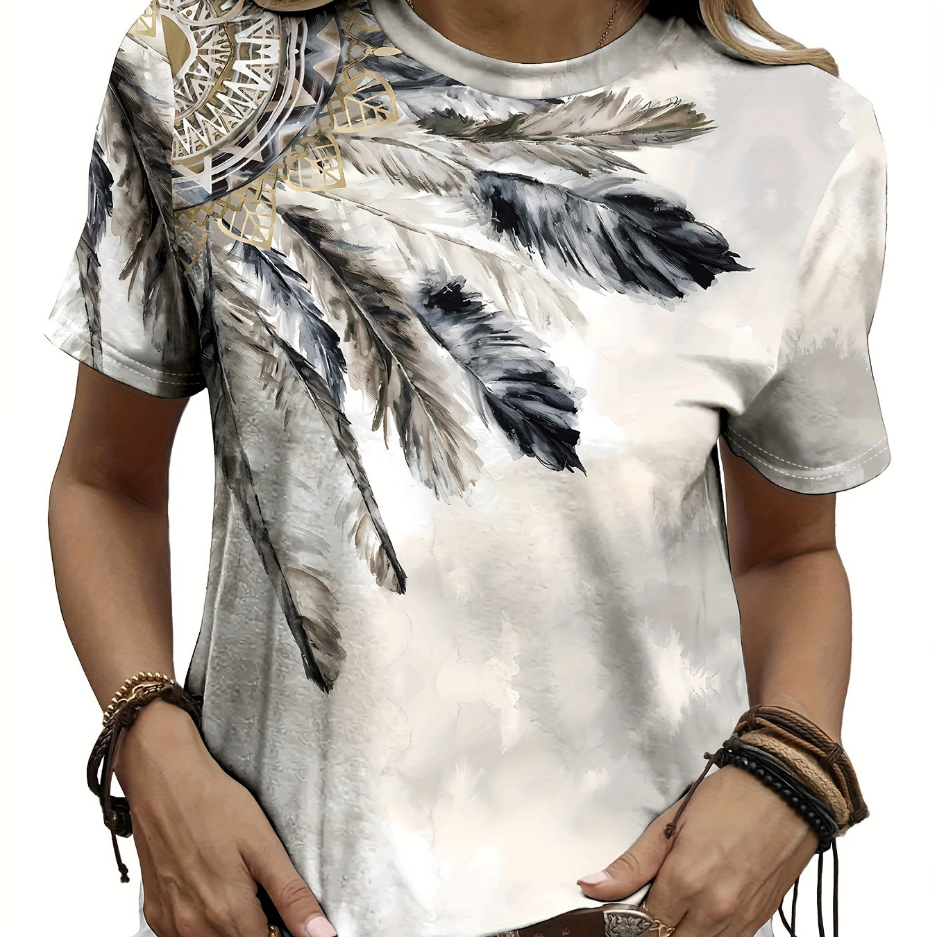 

Feather Print Crew Neck T-shirt, Short Sleeve Casual Top For Summer & Spring, Women's Clothing