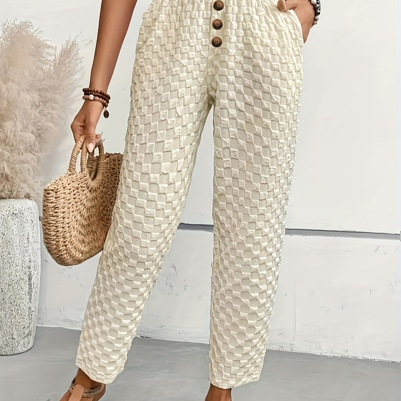 Plaid Textured Button Front Pants Casual Paper Bag Waist - Temu