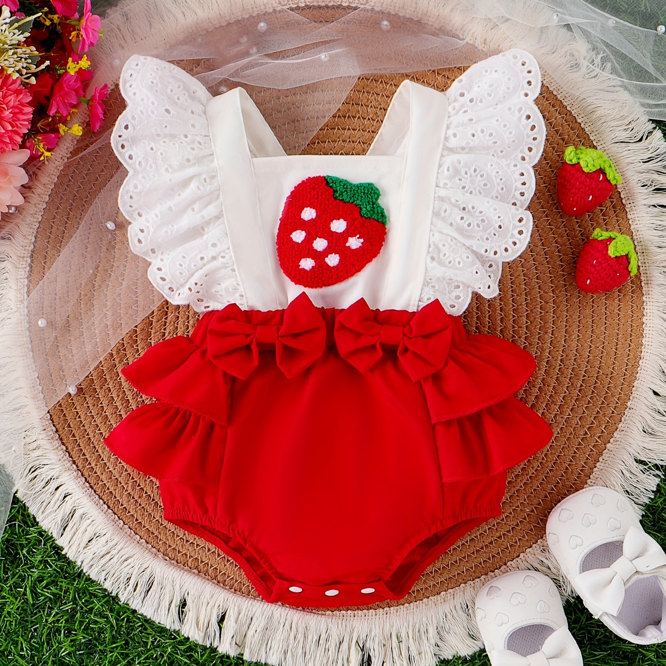 

Baby's Strawberry Embroidered Triangle Bodysuit, Comfy Eyelet Embroidery Cap Sleeve Romper, Toddler & Infant Girl's Onesie For Summer, As Gift
