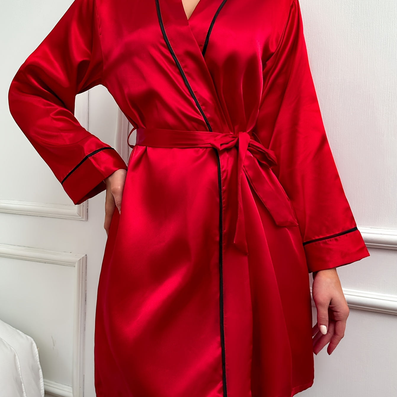 

Elegant Long-sleeve Satin Robe For Women - V-neck, Tie-waist, Machine Washable - All , Soft Polyester, Red With Trim