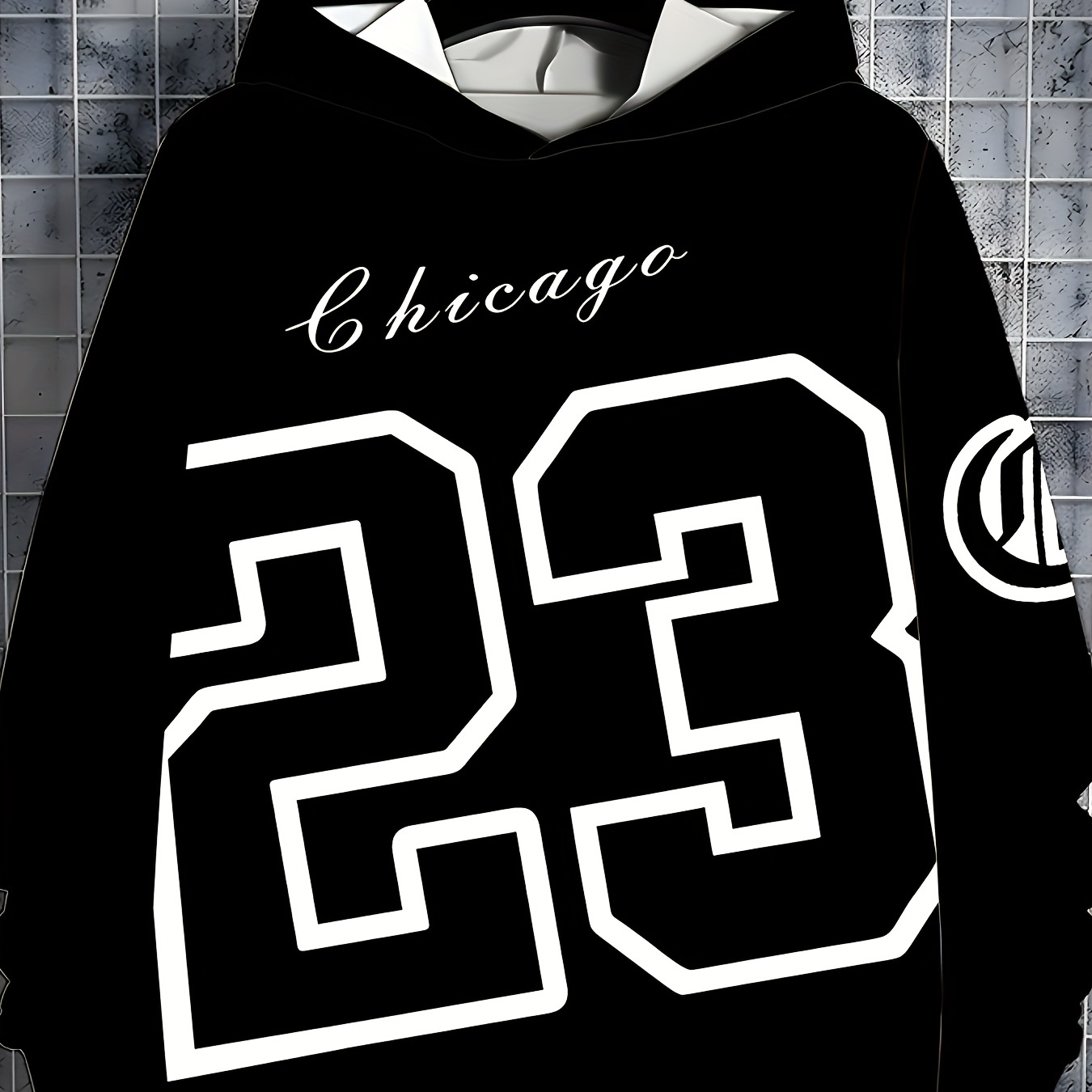 

1pc Men's Casual Sports Hoodie, Geometric Chicago Number Print, Polyester, Stretch Fabric, Regular Fit, Hooded Top