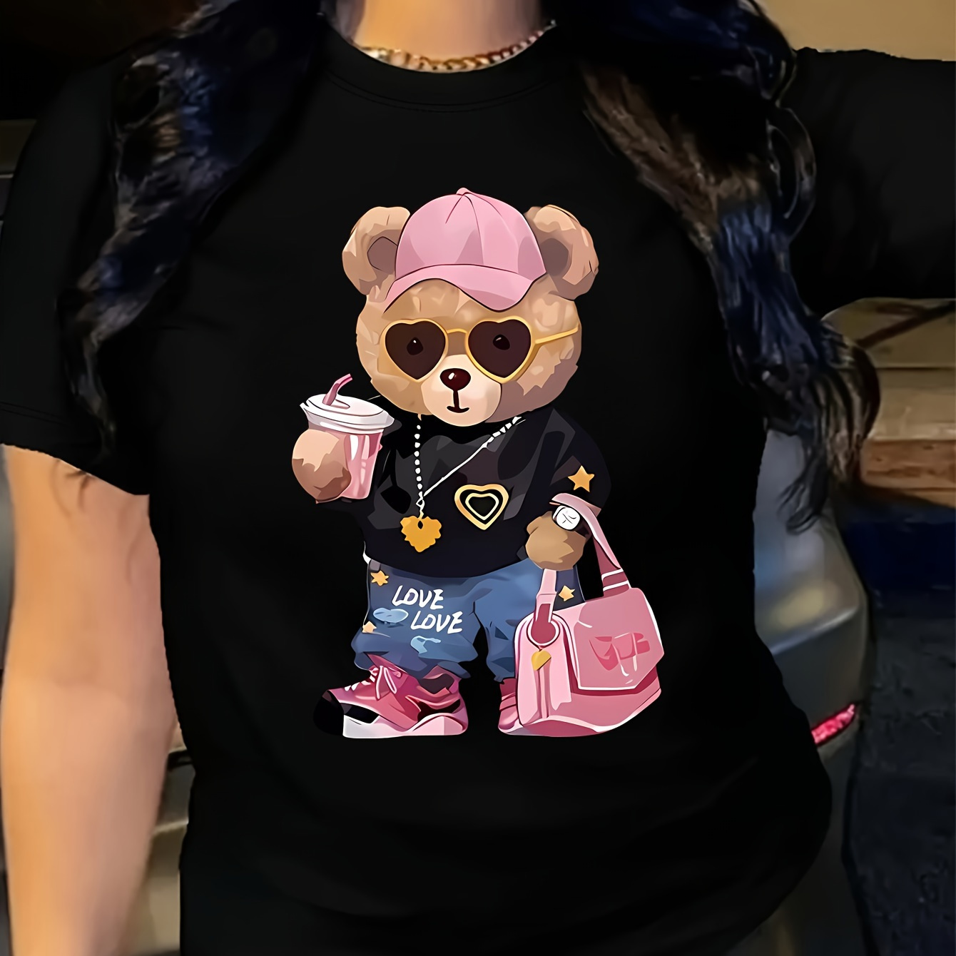 

Teddy Bear Print T-shirt, Short Sleeve Crew Neck Casual Top For Summer & Spring, Women's Clothing