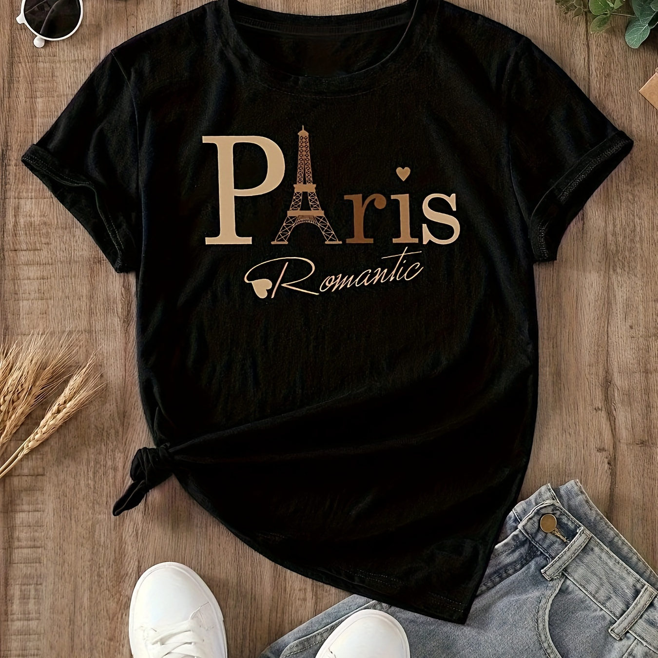 

Paris Print T-shirt, Casual Short Sleeve Crew Neck Top For Spring & Summer, Women's Clothing