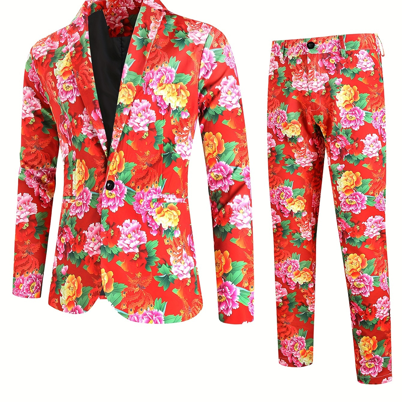 

Chic 2 Pieces Set, Men's Floral Print 1 Button Suit Jacket & Dress Pants Suit Set For Business Dinner Wedding Party
