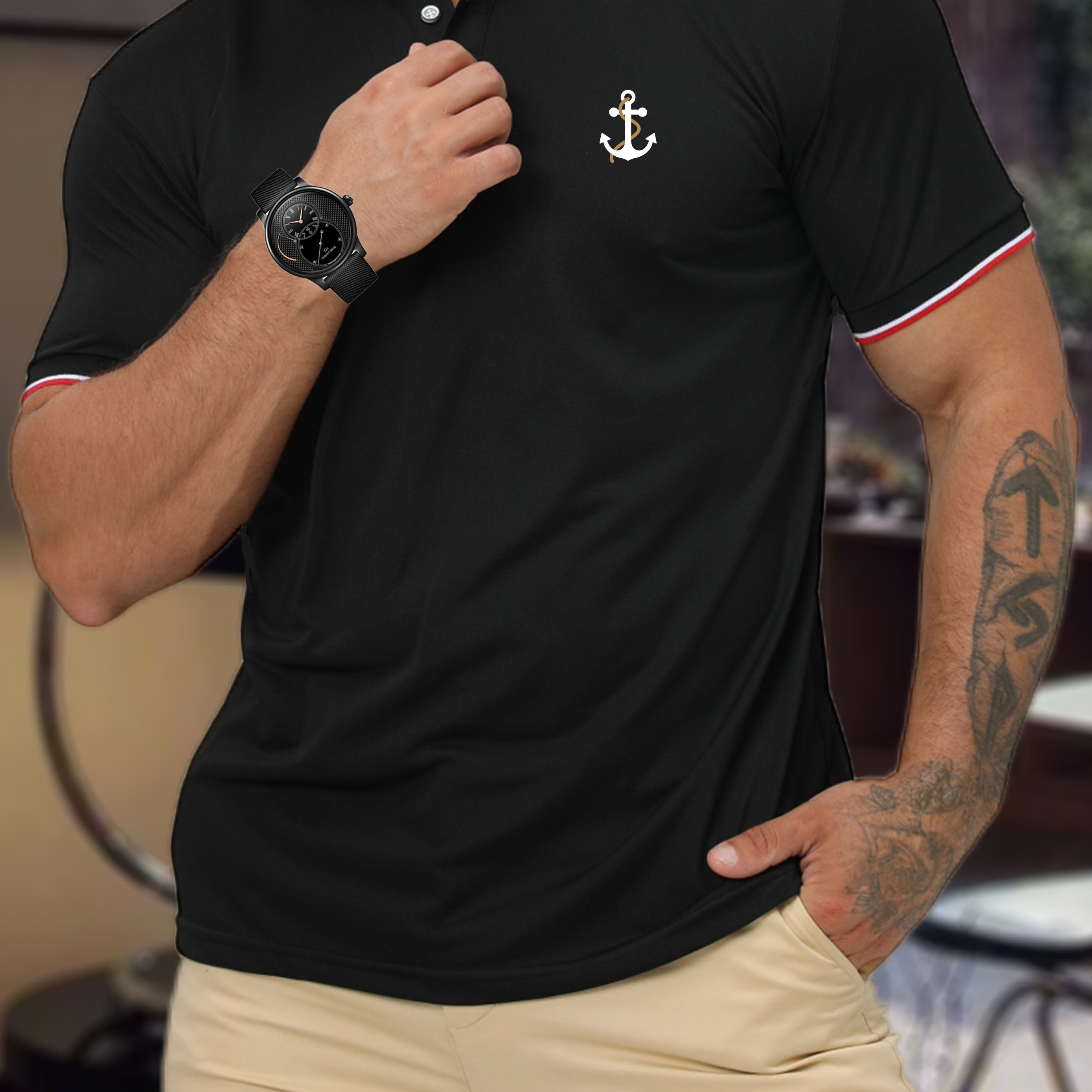 

Anchor Print Casual Slightly Stretch Button Up Short Sleeve Polo Shirt, Men's Polo For Summer