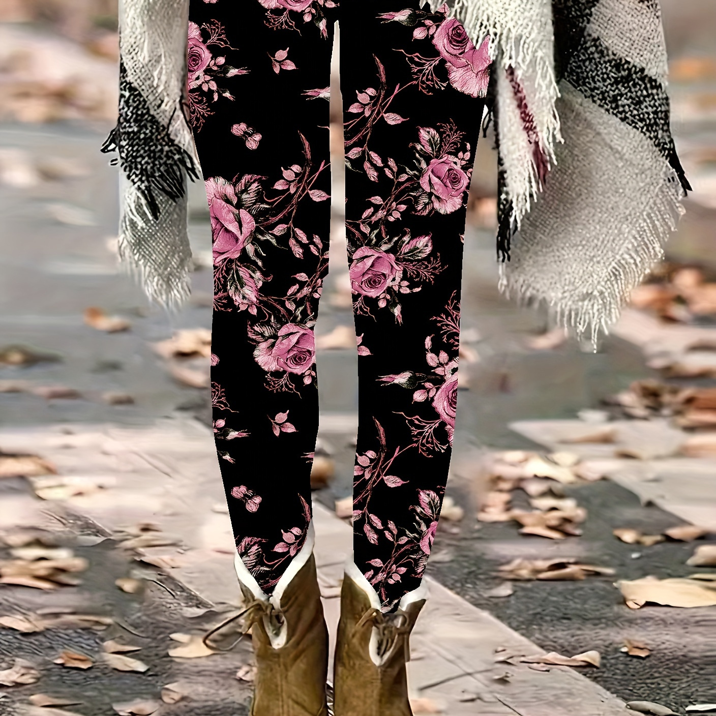 

Plus Size Floral Print Skinny Leggings, Elegant Stretchy Leggings, Women's Plus Size Clothing