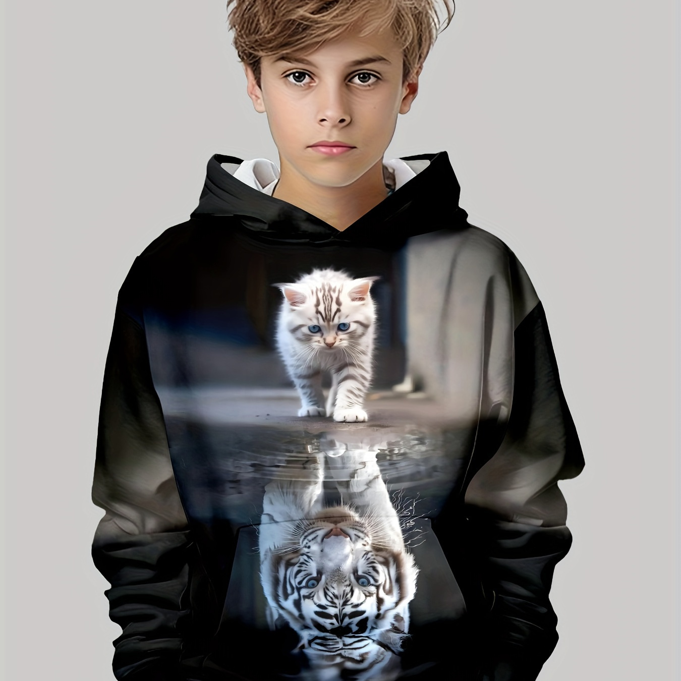 

White Tiger And Cat 3d Print Boys Casual Long Sleeve Hoodies, Boys Sweatshirt For Spring Fall, Boys Hoodie Tops Outdoor