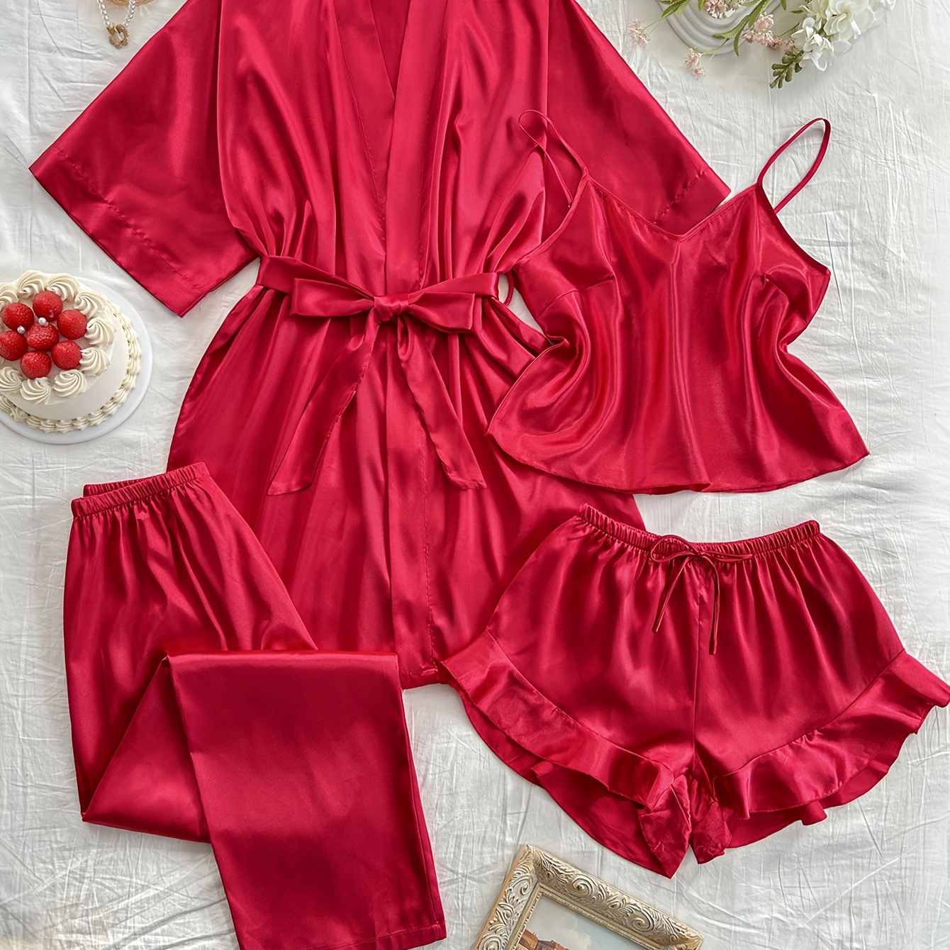 

4pcs Sexy Satin Sleepwear Set For Women - 100% Polyester V-neck Robe With Matching Top, Shorts, And Long Pants - Solid Color, Lounge Set