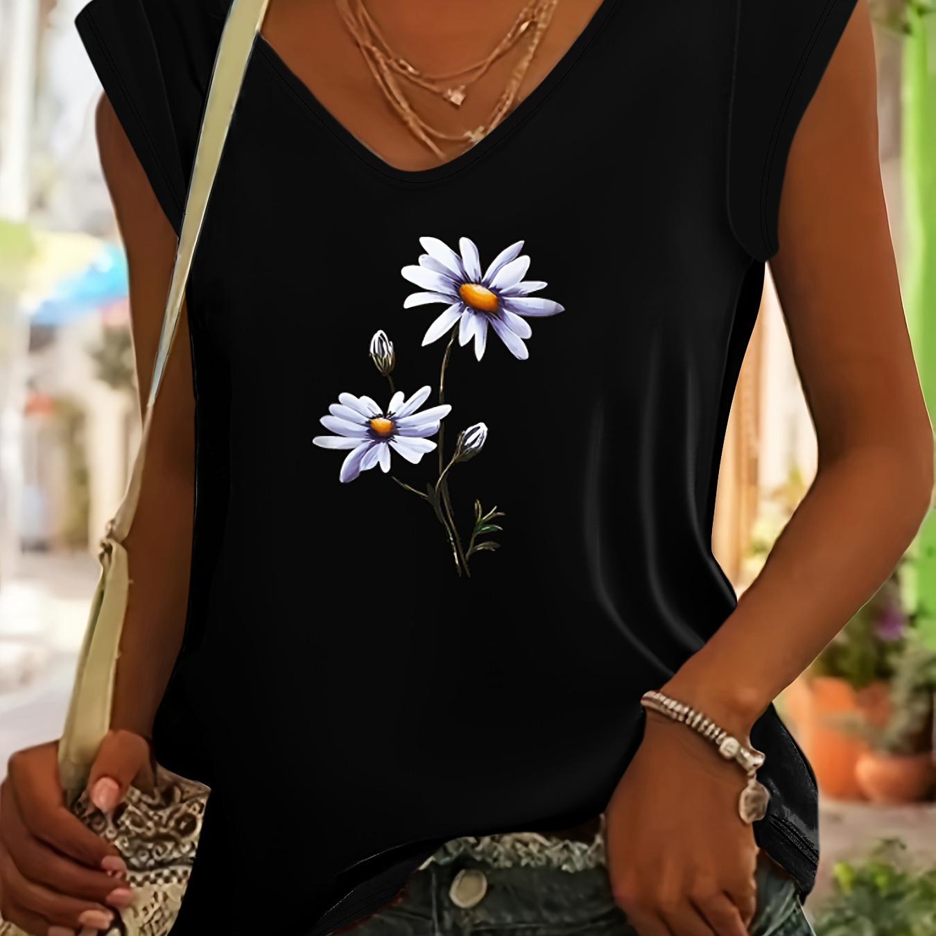 

Floral Print V Neck T-shirt, Casual Cap Sleeve T-shirt For Spring & Summer, Women's Clothing