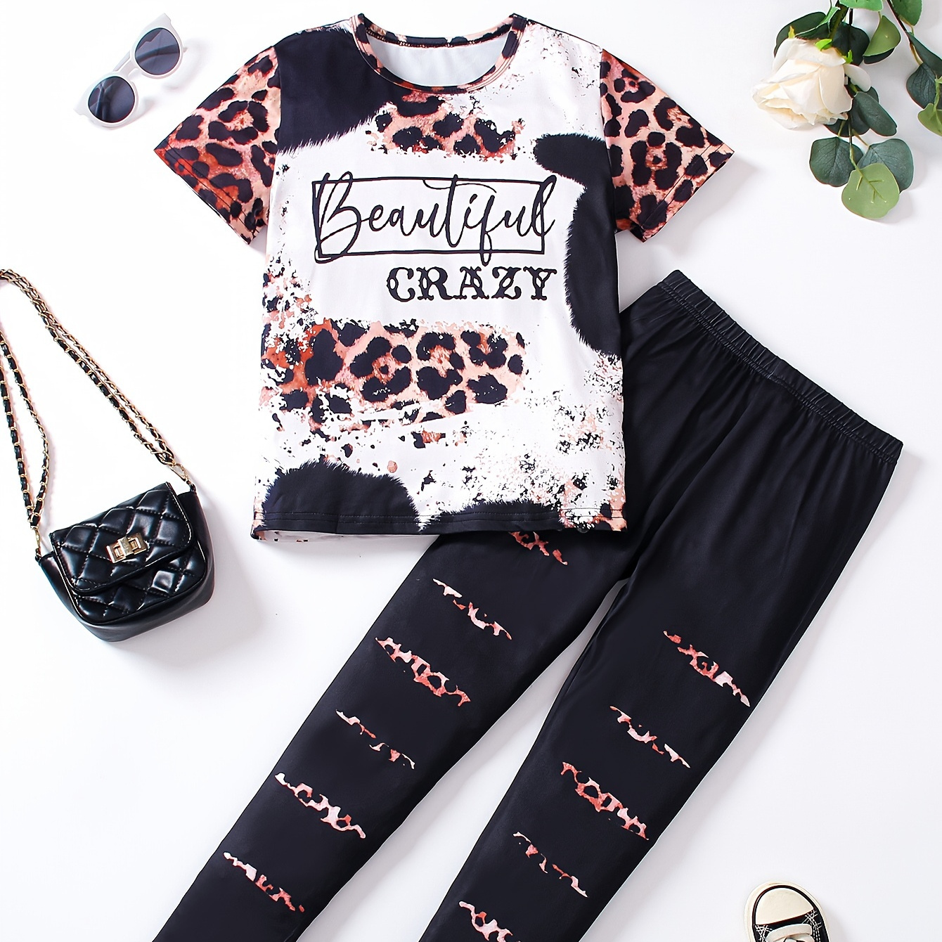 

2-piece Leopard Style Letter T-shirt + Pants Girl's Outfit Co-ords Set - Sweet & Fashion Girls Clothes For Spring/ Summer