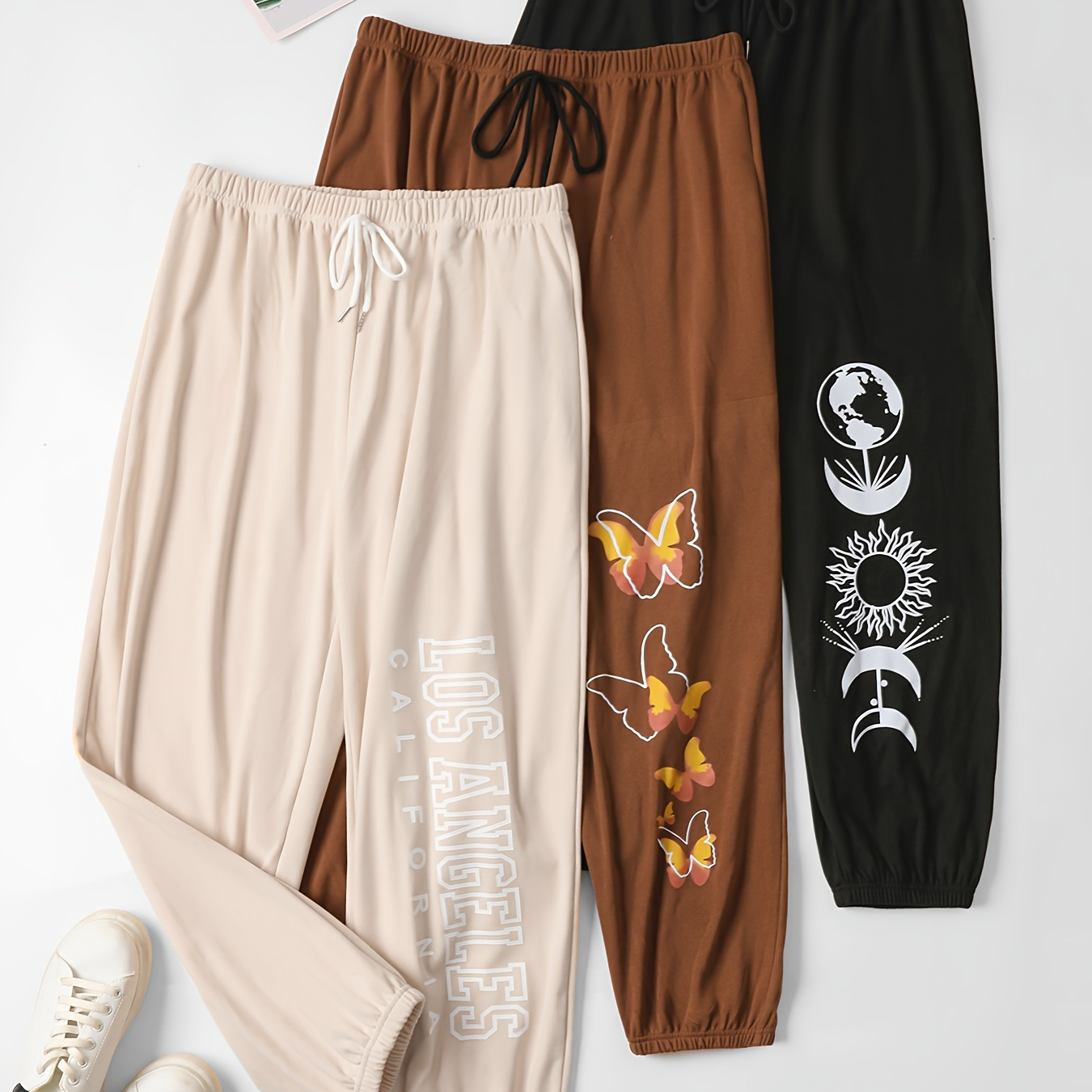 

3pcs Plus Size Casual Lounge Pants, Women's Butterfly & Moon & Letter Print Drawstring Elastic Waist Home Joggers For Fall & Winter